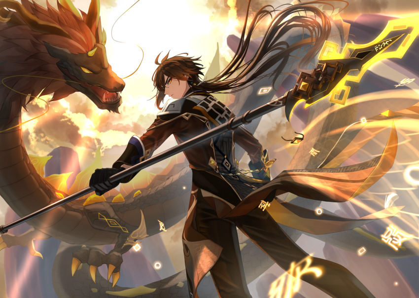 1boy backlighting black_gloves black_pants black_scales brown_coat brown_eyes brown_hair claws closed_mouth cloud coat colored_sclera dragon dutch_angle eastern_dragon floating_hair from_behind genshin_impact gloves head_tilt highres holding holding_polearm holding_weapon long_hair long_sleeves male_focus pants polearm ponytail profile solo sunlight very_long_hair warp226 weapon yellow_claws yellow_sclera zhongli_(genshin_impact)
