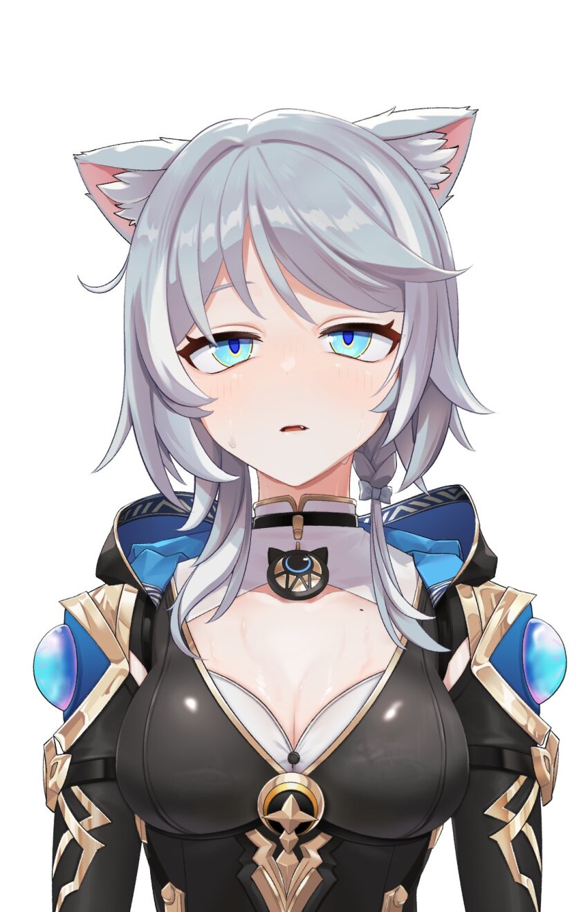 1girl akaika_(aka) animal_ear_fluff animal_ears black_leotard blue_eyes breasts cat_ears cat_girl cipher_(honkai:_star_rail) cleavage commentary_request grey_hair highres honkai:_star_rail honkai_(series) large_breasts leotard mole mole_on_breast parted_lips short_hair_with_long_locks simple_background solo upper_body white_background