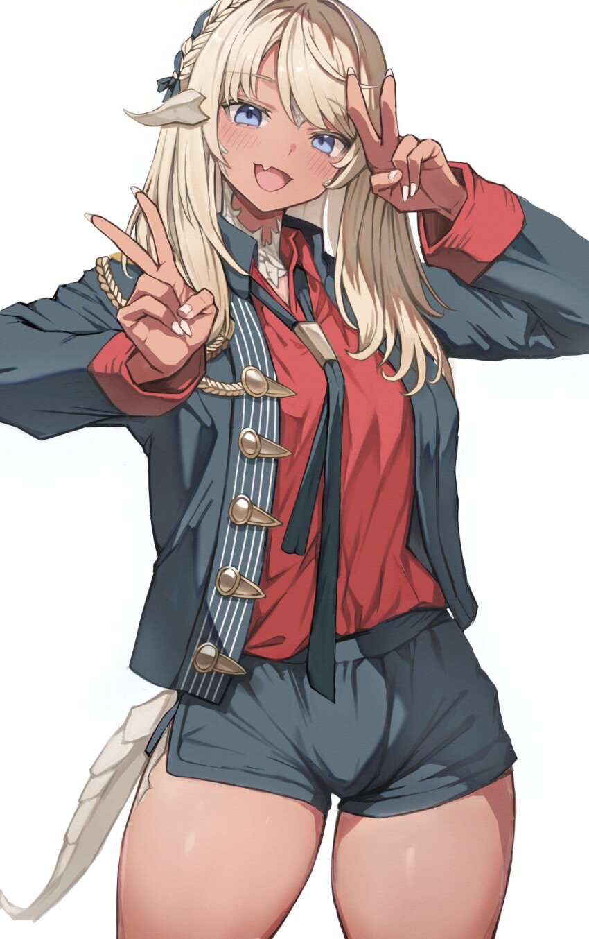 1girl au_ra black_jacket black_necktie black_shorts blonde_hair blue_eyes braid breasts collared_jacket collared_shirt double_v dragon_girl dragon_horns fang final_fantasy final_fantasy_xiv hair_ribbon highres horns jacket looking_at_viewer necktie open_clothes open_jacket red_shirt ribbon scales shirt shorts skin_fang solo torisanff14 v warrior_of_light_(ff14) white_background