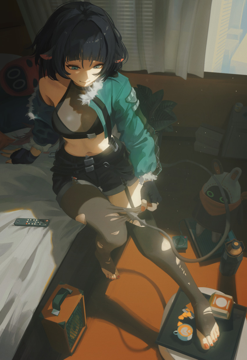 1girl absurdres animal_ears black_hair blue_eyes feet fingerless_gloves garter_straps gloves highres jane_doe_(zenless_zone_zero) medium_hair smile thighhighs toeless_legwear toes torn_clothes torn_thighhighs yao_liao_wang zenless_zone_zero