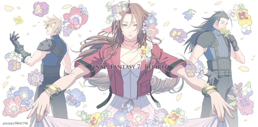 1girl 2boys aerith_gainsborough armor bandaged_arm bandages bangle belt black_hair black_pants blonde_hair blue_shirt bracelet braid braided_ponytail breasts choker closed_eyes clothes_lift cloud_strife cowboy_shot cropped_jacket dress dress_lift earrings falling_petals final_fantasy final_fantasy_vii final_fantasy_vii_remake floral_background flower gloves green_eyes hair_between_eyes hair_flower hair_ornament hair_ribbon hair_slicked_back hand_on_own_hip highres holding holding_flower jacket jewelry long_dress long_hair looking_at_viewer looking_up medium_breasts multiple_belts multiple_boys muscular muscular_male outstretched_arms pants parted_bangs parted_lips petals pink_dress pink_ribbon red_jacket ribbon shirt short_hair short_sleeves shoulder_armor sidelocks single_earring sleeveless sleeveless_turtleneck smelling smelling_flower smile spiked_hair square_enix t3_(19841230) turtleneck wavy_hair white_background zack_fair