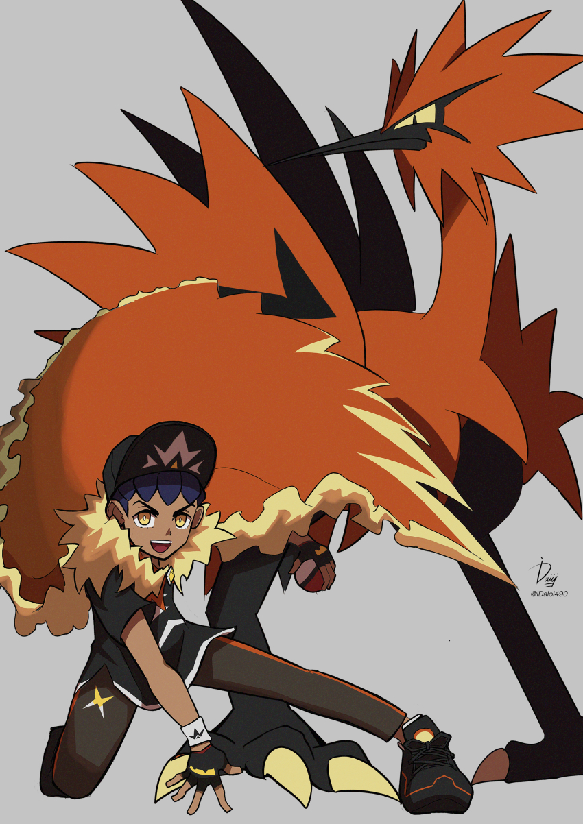 1boy :d absurdres baseball_cap black_footwear black_gloves black_hat black_shirt blue_hair bright_pupils cape commentary dark-skinned_male dark_skin fingerless_gloves floating_cape fur-trimmed_cape fur_trim galarian_form galarian_zapdos gen_8_pokemon gloves grey_background grey_pants hat highres holding holding_poke_ball hop_(champion)_(pokemon) hop_(pokemon) ida_(idalol490) kneeling legendary_pokemon looking_at_viewer nintendo on_one_knee open_mouth orange_cape pants poke_ball poke_ball_(basic) pokemon pokemon_(creature) pokemon_masters_ex shirt short_hair signature skirt smile solo teeth twitter_username upper_teeth_only white_pupils yellow_eyes
