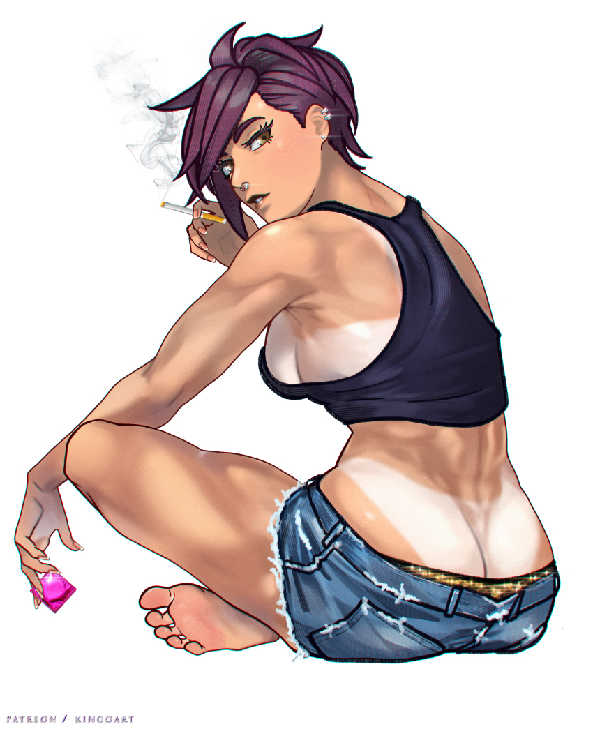 1girl absurdres ass bare_shoulders barefoot black_shirt breasts brown_eyes butt_crack cigarette commentary condom denim denim_shorts dispatch ear_piercing earrings english_commentary face_piercing fingernails from_behind highres holding holding_cigarette invisigal jewelry lipstick looking_at_viewer looking_back makeup medium_breasts no_bra nose_piercing panties panty_peek patreon_username piercing purple_hair shirt short_shorts shorts sideboob simple_background sitting sleeveless smoke solo sparkle stepkingo_art tan tanline toes toned toned_female underwear white_background