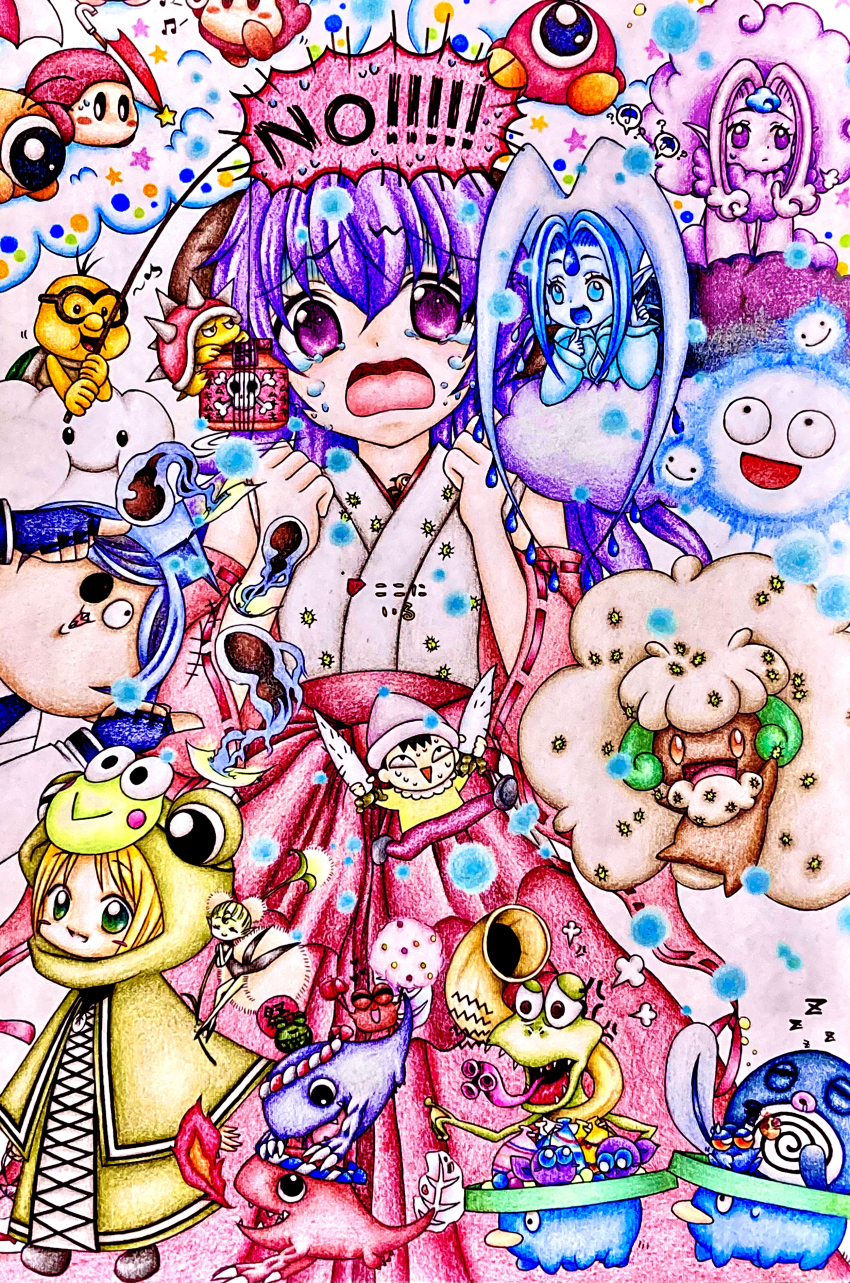 absurdres digimon digimon_(creature) gekomon gen_1_pokemon gen_3_pokemon gen_5_pokemon highres japanese_clothes kirby_(series) lakitu looking_at_viewer lotad mario_(series) miko nintendo otamamon otamamon_(red) pokemon pokemon_(creature) poliwag spiny tail waddle_dee waddle_doo whimsicott