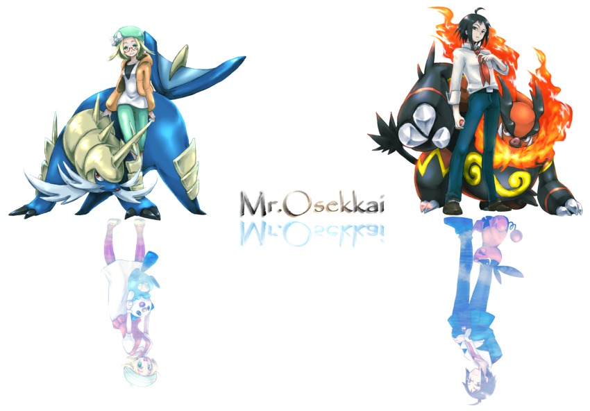 10s 1boy 1girl aged_down ahoge beret bianca_(pokemon) black_hair blonde_hair cheren_(pokemon) coat different_reflection emboar gen_5_pokemon glasses green_eyes hat holding holding_poke_ball mariemon necktie nintendo oshawott poke_ball pokemon pokemon_(creature) pokemon_bw pokemon_bw2 reflection samurott tepig