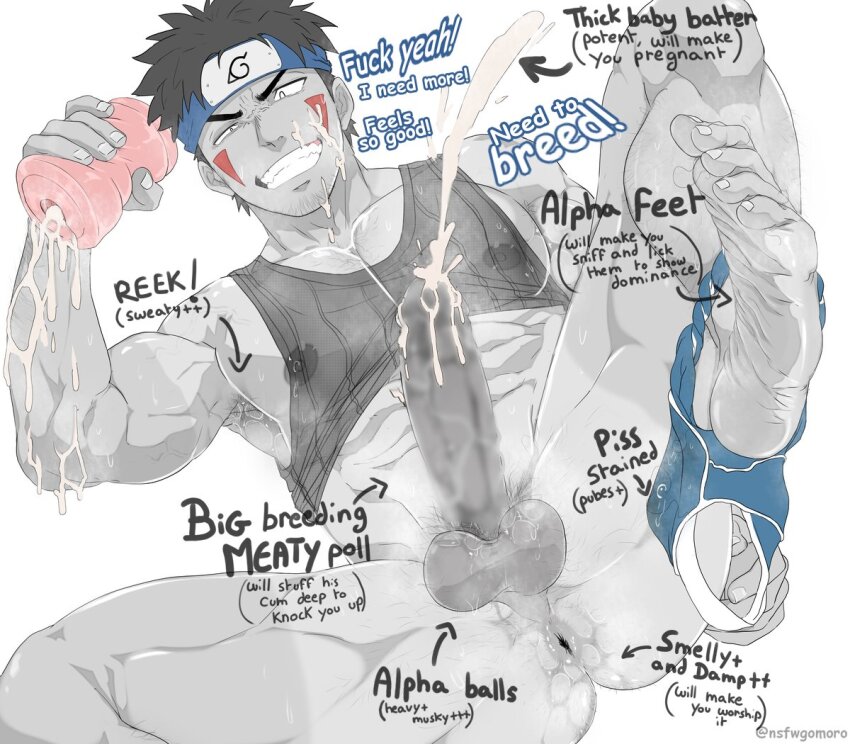 1boy alternate_costume anus armpit_hair armpit_hair_peek blue_male_underwear blur_censor body_exploration censored commentary cum cum_on_body dildo ejaculation english_commentary english_text facial_hair fingernails forehead_protector from_below goatee_stubble gomoro_(nsfwgomoro) greyscale holding holding_sex_toy inuzuka_kiba komano_manato konohagakure_symbol looking_down male_focus male_underwear mediun_hair monochrome muscular n.e.k.o naruto_(series) nipples paid_reward_available penis red_hair sex_toy smile soles solo spot_color stray_pubic_hair stubble tail tank_top testicles thick_thighs thighs toes underwear underwear_around_one_leg veins veiny_penis wet wet_clothes wet_male_underwear yoichi_yukimura