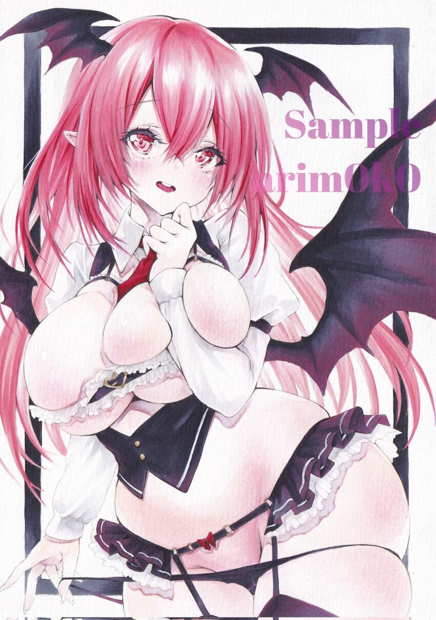 1girl arim0k0 artist_name bat_wings black_border black_panties black_skirt black_thighhighs black_vest border breasts cleavage cowboy_shot curvy frills garter_straps groin head_wings highres koakuma large_breasts lingerie long_hair long_sleeves marker_(medium) microskirt multiple_wings open_mouth panties pointy_ears red_eyes red_hair sample_watermark skirt solo teeth thighhighs touhou traditional_media underwear upper_teeth_only vest watermark wide_hips wings
