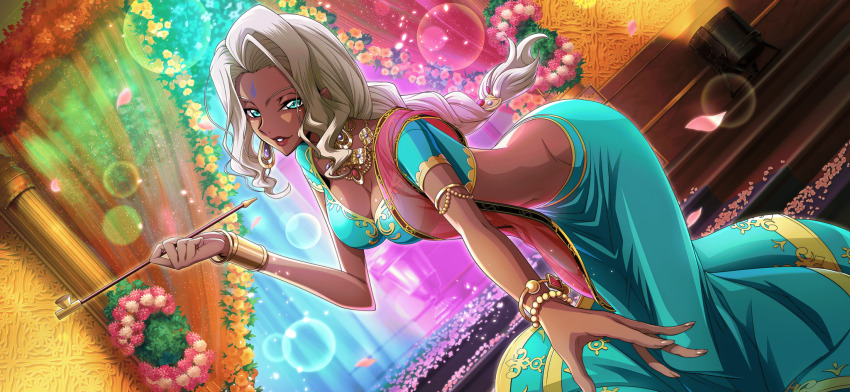 1girl arabian_clothes armlet artist_request bangle blonde_hair blue_eyes blue_gemstone blue_shirt blue_skirt blurry bokeh bracelet bracer braid breasts cleavage code_geass code_geass:_lost_stories crop_top curtains dark-skinned_female dark_skin depth_of_field earrings facial_mark female_focus flower forehead forehead_mark game_cg gem gold gold_trim groin half-closed_eyes hand_up happy highres holding holding_smoking_pipe jewelry leaning_forward lipstick long_hair long_skirt looking_at_viewer makeup medium_breasts navel necklace non-web_source official_art parted_lips petals pink_flower rakshata_chawla reaching reaching_towards_viewer red_gemstone red_lips red_shawl see-through_clothes shawl shirt short_sleeves sidelocks single_braid skirt smile smoking_pipe solo stairs standing stomach teeth v-shaped_eyebrows white_flower yellow_flower