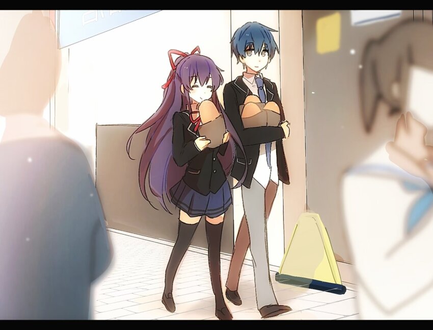 1boy 1girl blue_hair bread brown_eyes couple date_a_live food happy1344 highres itsuka_shidou long_hair purple_eyes purple_hair ribbon school_uniform short_hair socks yatogami_tohka