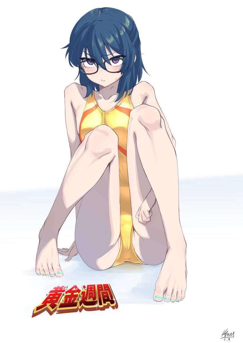 1girl absurdres alice_gear_aegis barefoot black-framed_eyewear blue_hair cameltoe glasses gold_one-piece_swimsuit highres itokura_neo nail_polish one-piece_swimsuit swimsuit x4mel