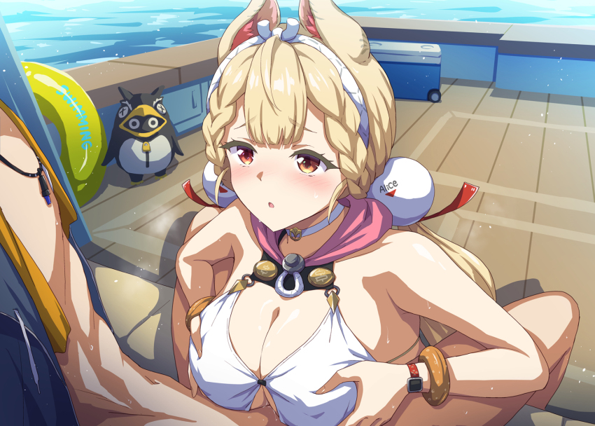 1boy 1girl alice_thymefield alice_thymefield_(sea_of_thyme) animal_ears bangboo_(zenless_zone_zero) bare_shoulders bikini blonde_hair blush breasts breasts_squeezed_together cleavage hair_ornament hetero heterochromia large_breasts long_hair low_twintails marugoshi_(54burger) orange_eyes paizuri penguinboo_(zenless_zone_zero) rabbit_ears rabbit_girl red_eyes sphere_hair_ornament swimsuit twintails white_bikini wise_(peaceful_waves)_(zenless_zone_zero) wise_(zenless_zone_zero) zenless_zone_zero