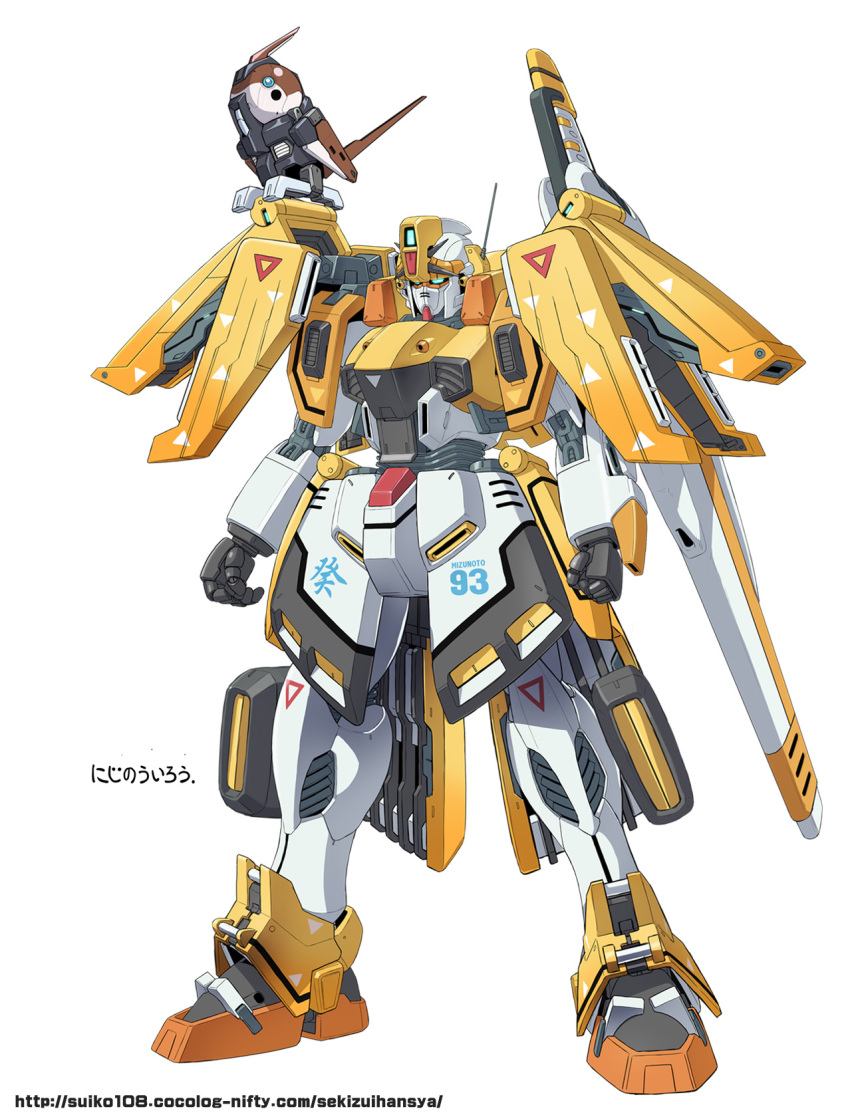 agatsuma_zenitsu blue_eyes clenched_hands f91_gundam fusion gundam gundam_f91 highres kimetsu_no_yaiba looking_ahead mecha mobile_suit no_humans robot science_fiction solo white_background yanagi_joe