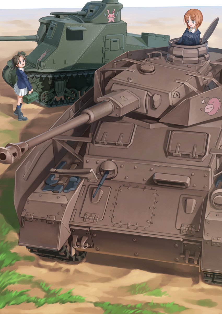 2girls absurdres anglerfish black_footwear blue_jacket boots box brown_eyes brown_hair commentary day emblem fish girls_und_panzer grass helmet_(trailblazer003) highres holding holding_box jacket long_sleeves looking_at_another m3_lee military_uniform military_vehicle miniskirt motor_vehicle multiple_girls nishizumi_miho ooarai_military_uniform outdoors panzer_iv parted_bangs pleated_skirt rabbit sawa_azusa short_hair skirt standing tank toolbox vehicle_focus white_skirt