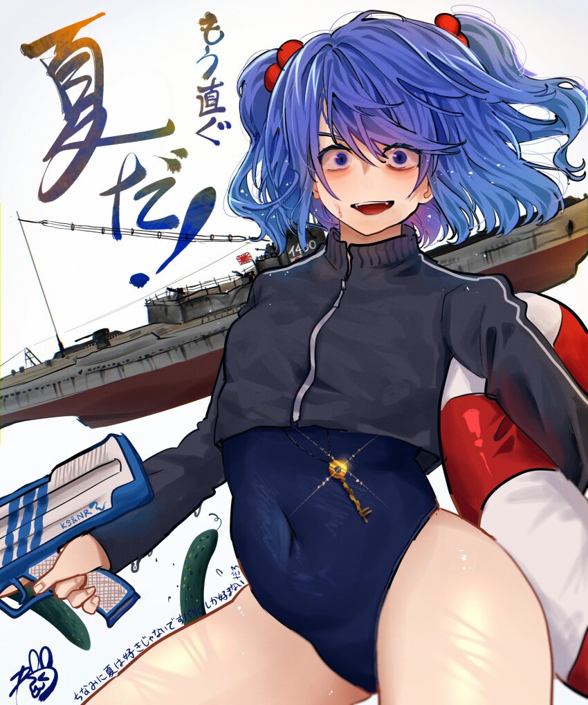 1girl absurdres alternate_costume black_jacket blue_eyes blue_hair blue_one-piece_swimsuit boat breasts commentary_request covered_navel cowboy_shot cropped_jacket cucumber hair_bobbles hair_ornament highres holding holding_water_gun jacket jewelry kawashiro_nitori key key_necklace looking_at_viewer medium_breasts medium_hair necklace one-piece_swimsuit open_mouth rising_sun_flag simple_background smile solo sunburst swimsuit swimsuit_under_clothes touhou translation_request two_side_up water_gun watercraft white_background yukine_0930 zipper