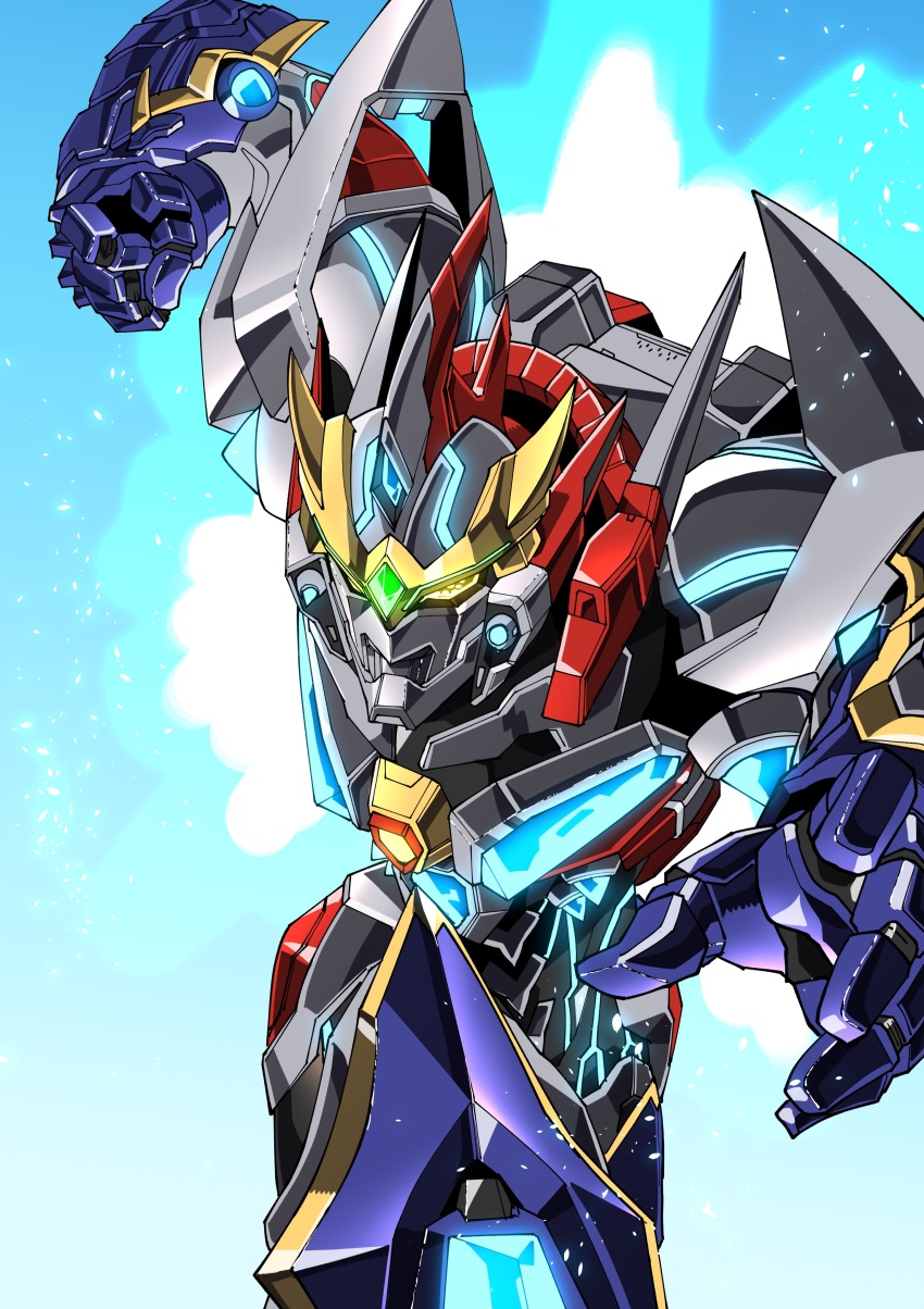 absurdres amakawa_mayu armor full_armor glowing glowing_eyes gridman_universe gridman_universe_fighter highres mecha no_humans robot science_fiction super_robot thrusters tokusatsu v-fin vernier_thrusters yellow_eyes