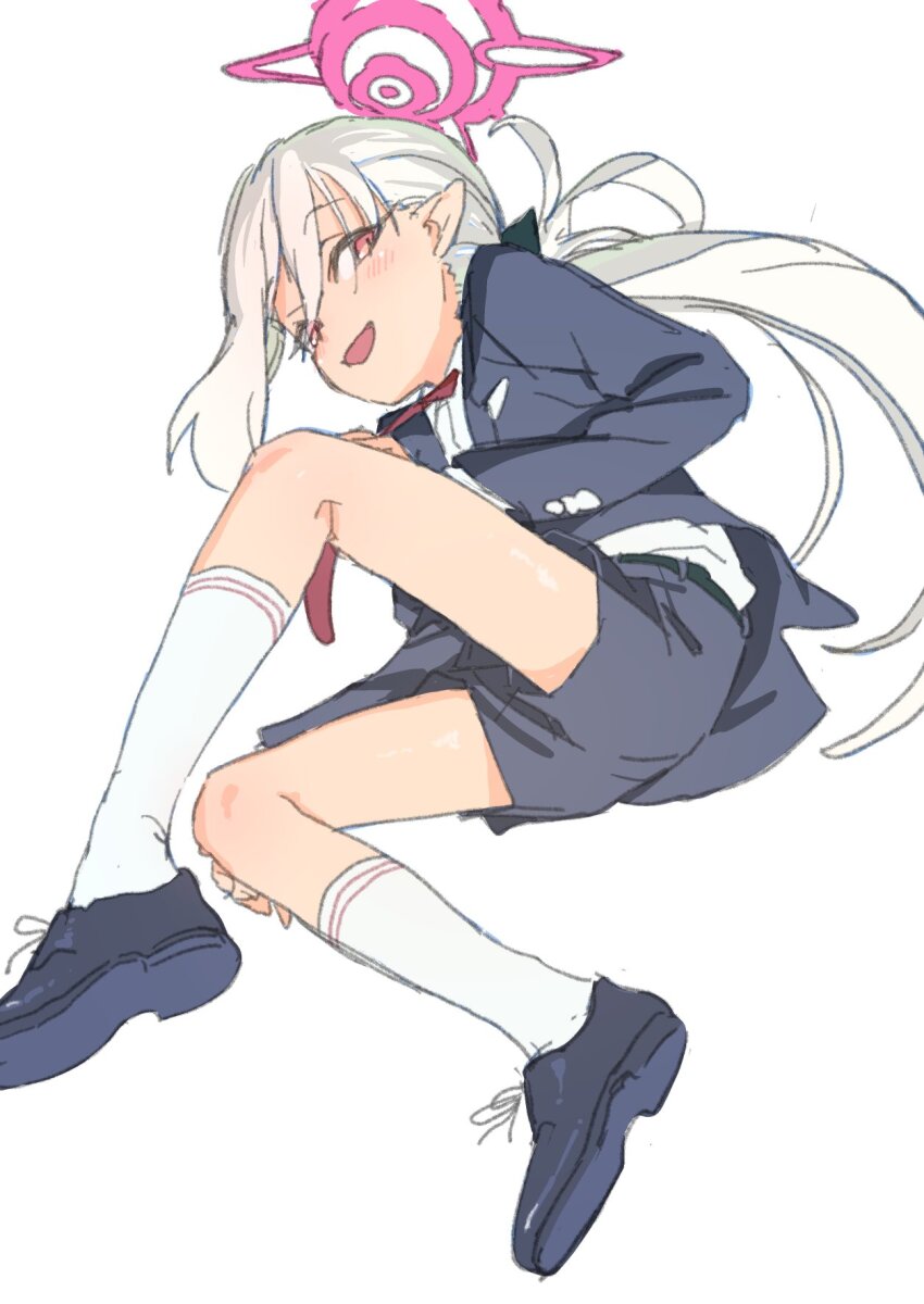 1girl black_shoes black_shorts blue_archive blush halo highres jacket kneehighs long_hair long_sleeves mutsuki_(blue_archive) mutsuki_(suit)_(blue_archive) nametake necktie open_clothes open_jacket open_mouth pointy_ears ponytail red_eyes red_necktie shirt shoes shorts simple_background socks solo white_background white_hair white_shirt white_socks