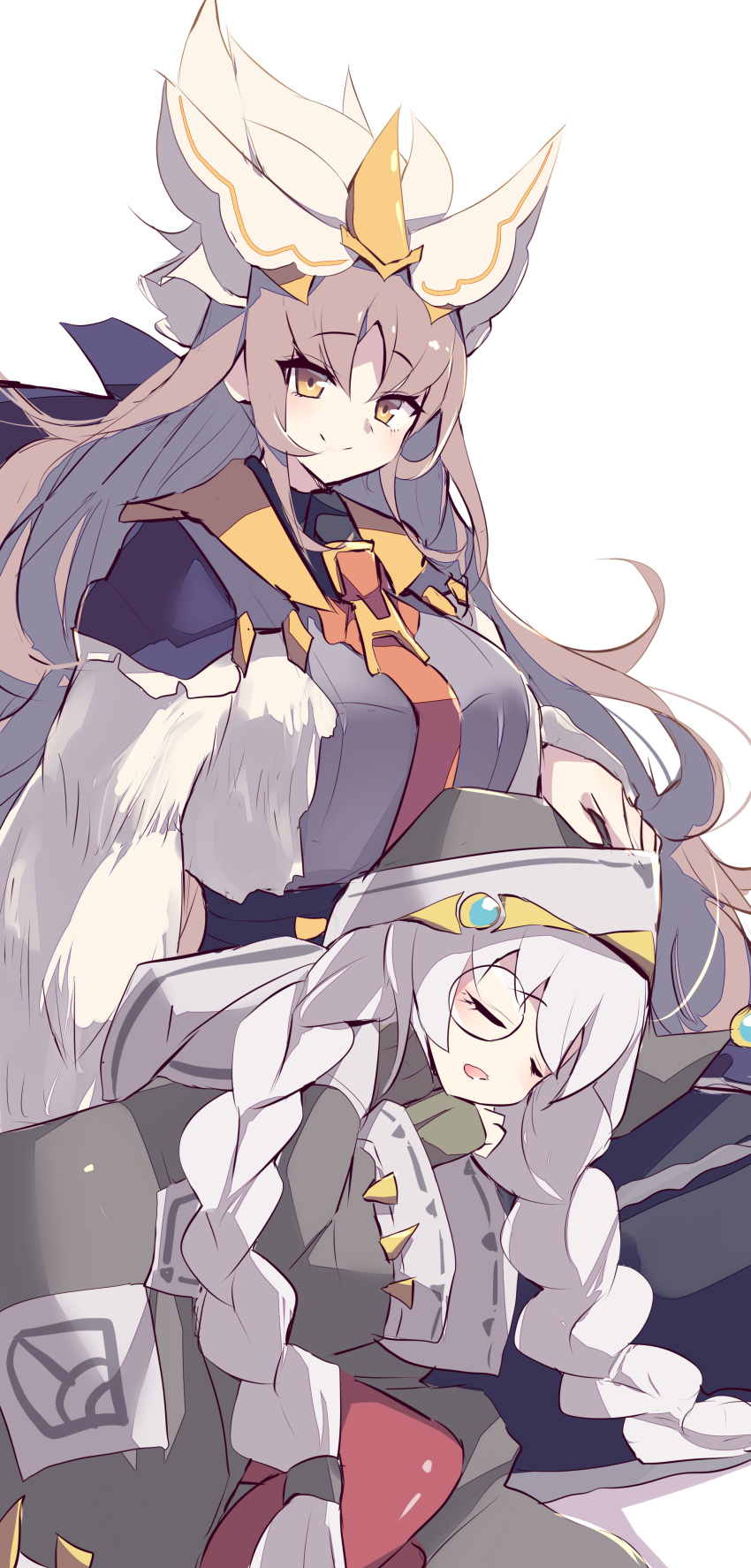 2girls absurdres astellar_of_the_white_forest braid breasts brown_hair closed_eyes diabellstar_the_black_witch duel_monster grey_hair hand_on_another&#039;s_head hat highres hood kanzakietc light_smile long_hair looking_at_viewer lying_on_lap monocle multiple_girls pantyhose red_pantyhose sidelocks silvy_of_the_white_forest sitting sleeping twin_braids white_background witch witch_hat yellow_eyes yu-gi-oh! yu-gi-oh!_master_duel