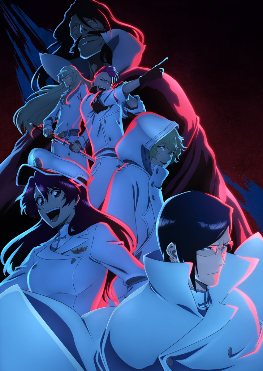 bambietta_basterbine bazz-b black_hair bleach bleach:_sennen_kessen-hen breasts glasses gloves gremmy_thoumeaux hat highres ishida_uryuu jugram_haschwalth long_hair medium_breasts official_art open_mouth smile yhwach