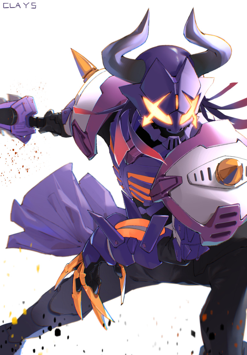 1boy absurdres black_bodysuit black_footwear black_gloves bodysuit boots buffalo bull chainsaw claw_(weapon) clays_(clayschan) commentary_request cowboy_shot gloves gradient_hair highres horns imminent_hit kamen_rider kamen_rider_buffa kamen_rider_geats_(series) long_hair male_focus multicolored_hair purple_hair purple_scarf red_hair scarf shoulder_spikes spikes sword tokusatsu weapon white_background zombie_breaker zombie_buckle