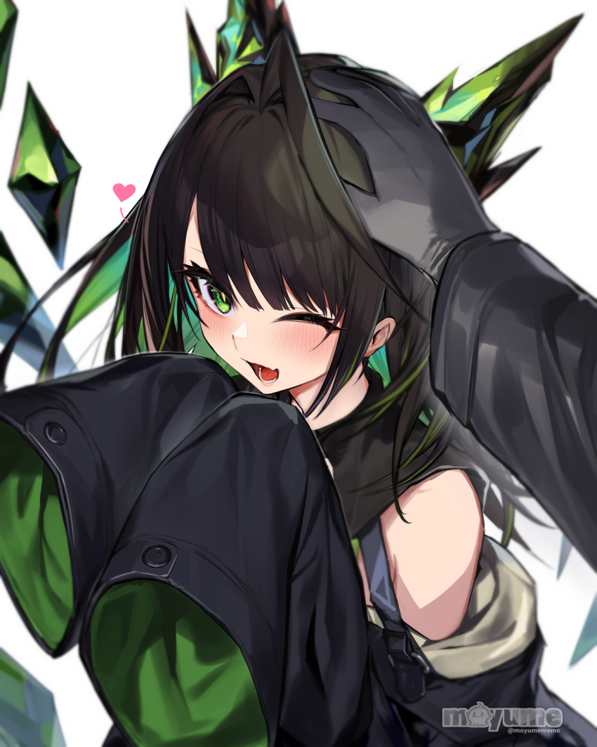 1girl 1other absurdres ahoge animal_ears arknights artist_name black_gloves black_hair black_jacket colored_inner_hair doctor_(arknights) fake_animal_ears gloves green_eyes green_hair green_jacket hair_intakes headpat heart highres huge_ahoge jacket long_hair long_sleeves looking_at_viewer lower_teeth_only mon3tr_(arknights) moyume multicolored_hair off_shoulder one_eye_closed pov pov_hands sidelocks simple_background sleeves_past_fingers sleeves_past_wrists solo_focus streaked_hair teeth two-sided_fabric two-sided_jacket upper_body watermark white_background