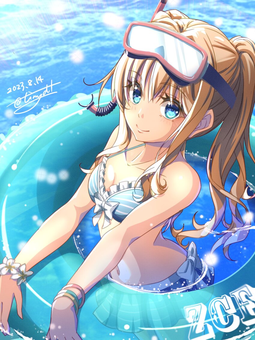 1girl absurdres akatsuki_no_kiseki blonde_hair blue_eyes breasts closed_mouth dated eiyuu_densetsu highres innertube jewelry long_hair looking_at_viewer navel smile solo sora_no_kiseki swim_ring swimsuit tinybiard tita_russell twintails water