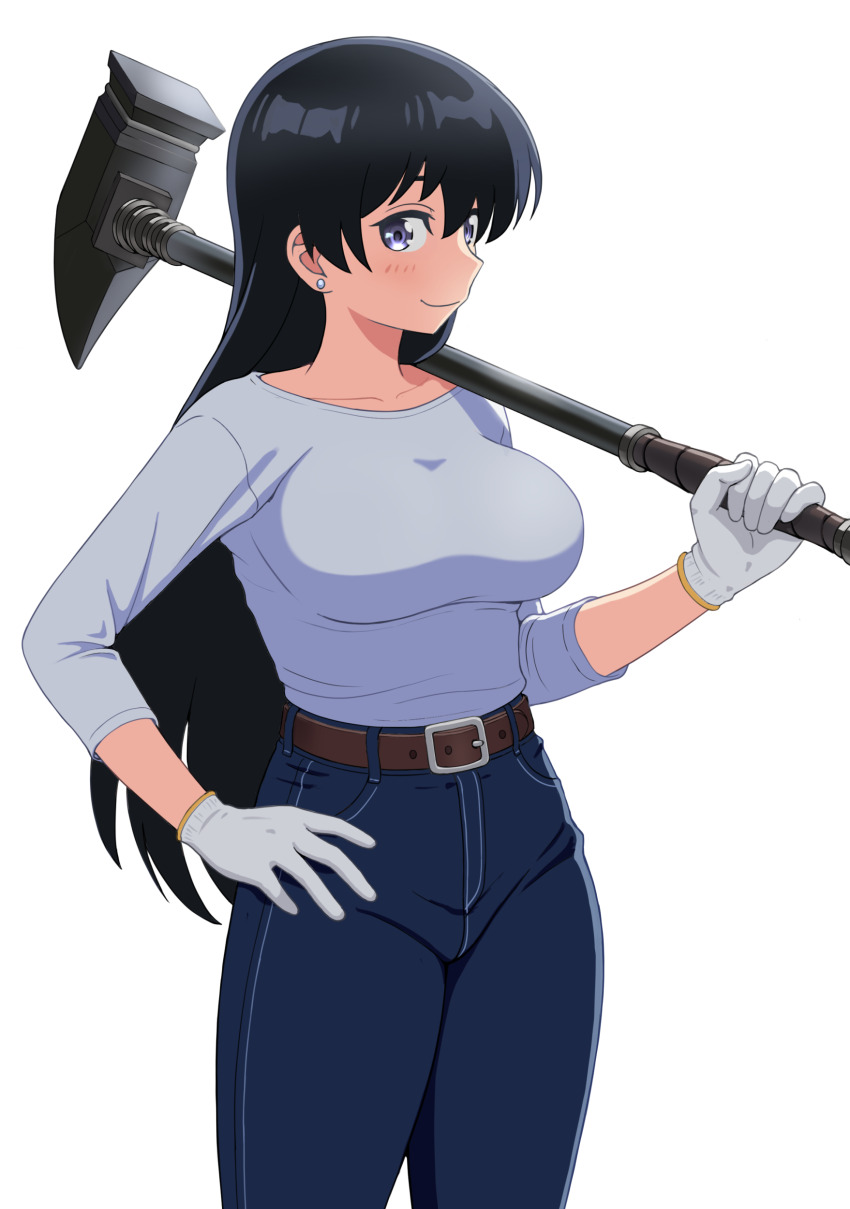 1girl absurdres arato_nagi belt black_hair blue_eyes breasts brown_belt commentary denim earrings gloves hammer highres holding holding_hammer jeans jewelry kyouji44288608 large_breasts light_blush long_hair pants ruri_no_houseki shirt smile stud_earrings white_background white_gloves white_shirt