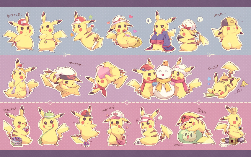 bad_id bad_pixiv_id bag banana_peel bandana barry_(pokemon) barry_(pokemon)_(cosplay) baseball_cap beanie bianca_(pokemon) bianca_(pokemon)_(cosplay) blue_oak blue_oak_(cosplay) book brendan_(pokemon) brendan_(pokemon)_(cosplay) newsboy_cap cheren_(pokemon) cheren_(pokemon)_(cosplay) clothed_pokemon cosplay crossed_arms dawn_(pokemon) dawn_(pokemon)_(cosplay) ethan_(pokemon) ethan_(pokemon)_(cosplay) gen_1_pokemon gen_5_pokemon glasses hat highres hilbert_(pokemon) hilbert_(pokemon)_(cosplay) hilda_(pokemon) hilda_(pokemon)_(cosplay) jacket jewelry kabocha_torute kris_(pokemon) kris_(pokemon)_(cosplay) leaf_(pokemon) leaf_(pokemon)_(cosplay) lucas_(pokemon) lucas_(pokemon)_(cosplay) lyra_(pokemon) lyra_(pokemon)_(cosplay) may_(pokemon) may_(pokemon)_(cosplay) messenger_bag n_(pokemon) n_(pokemon)_(cosplay) nate_(pokemon) nate_(pokemon)_(cosplay) necklace nintendo no_humans one_eye_closed pikachu poke_ball pokemon pokemon_(creature) pokemon_bw pokemon_bw2 pokemon_dppt pokemon_frlg pokemon_gsc pokemon_hgss pokemon_rgby pokemon_rse porkpie_hat red_(pokemon) red_(pokemon)_(cosplay) rosa_(pokemon) rosa_(pokemon)_(cosplay) scarf shoulder_bag silver_(pokemon) silver_(pokemon)_(cosplay) snowman solosis wink
