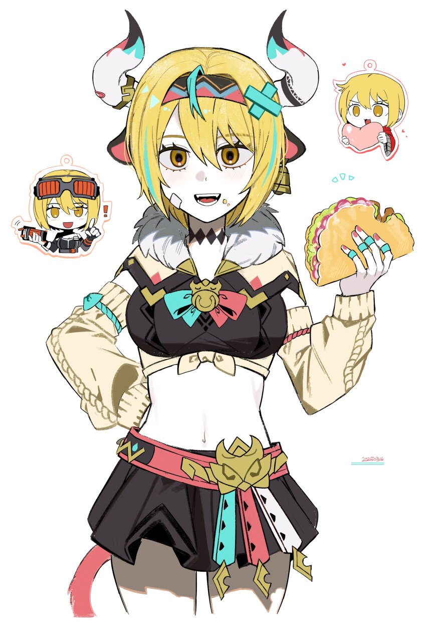 ! 1girl absurdres animal_ears asdf1211950 bandaid bandaid_on_face black_shirt black_skirt blonde_hair clara_(honkai:_star_rail) clara_(honkai:_star_rail)_(cosplay) cosplay cow_ears cow_horns cowboy_shot cropped_shirt detached_sleeves don_quixote_(project_moon) genshin_impact goggles goggles_on_head grace_howard grace_howard_(cosplay) highres honkai:_star_rail honkai_(series) horns jacket kim_yea-lim limbus_company looking_at_viewer multiple_views open_mouth project_moon red_jacket shirt short_hair skirt smile speech_bubble taco varesa_(genshin_impact) varesa_(genshin_impact)_(cosplay) voice_actor_connection yellow_eyes zenless_zone_zero