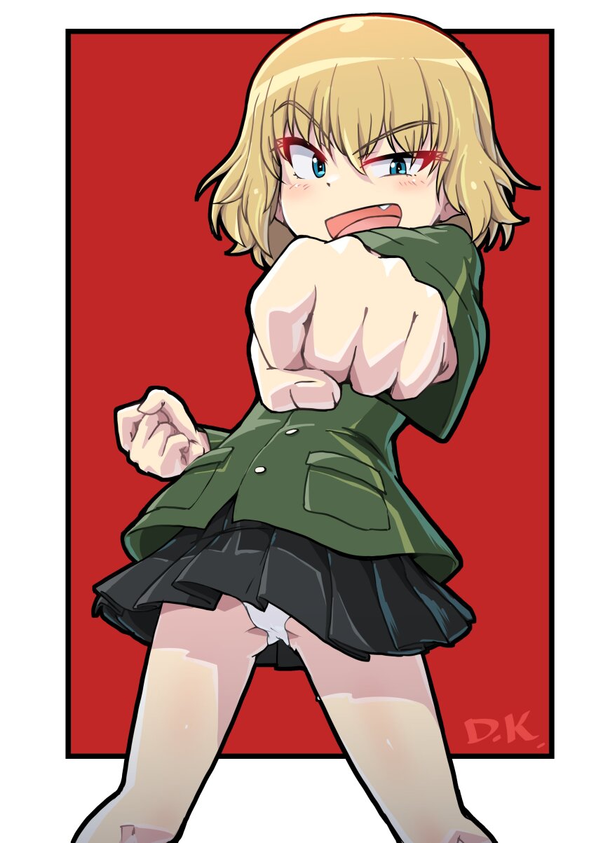 1girl absurdres black_skirt blonde_hair blue_eyes blush clenched_hand crotch fang girls_und_panzer highres katyusha_(girls_und_panzer) kuroneko_douji looking_at_viewer microskirt military_uniform open_mouth panties pantyshot pleated_skirt pravda_military_uniform red_background short_hair simple_background skirt smile solo underwear white_panties