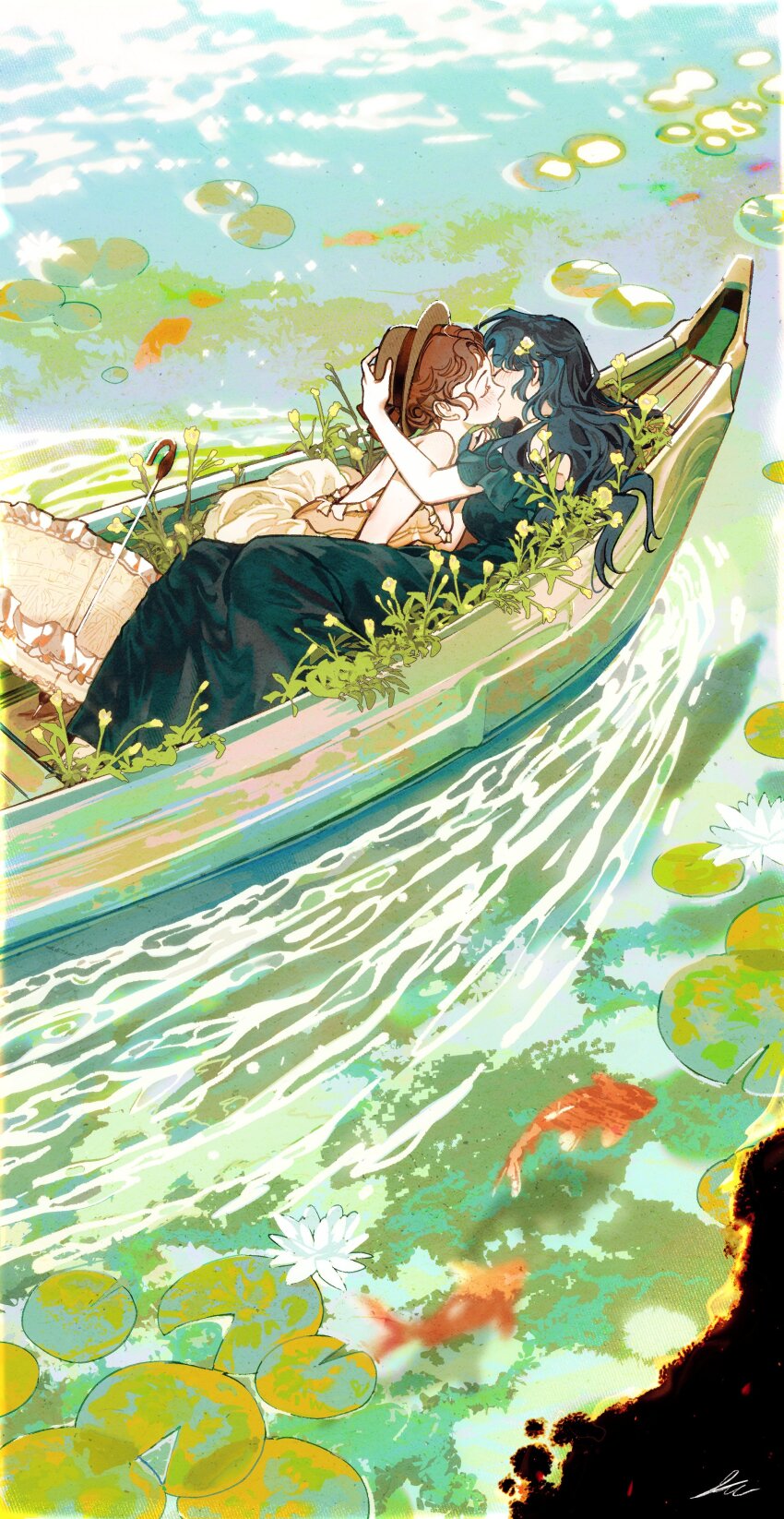 2girls absurdres black_dress black_hair boat brown_hair brown_hat canoe check_copyright closed_eyes commentary copyright_request dress english_commentary fish flower hair_flower hair_ornament hand_on_another&#039;s_head hat highres kiss lily_pad long_hair lying multiple_girls original parasol toktin_zq umbrella water watercraft yuri