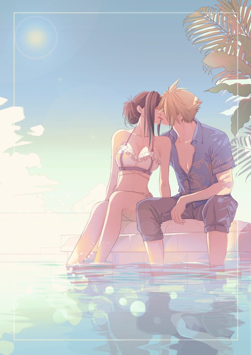 beach bikini bikini_skirt black_hair blonde_hair breasts closed_eyes cloud_strife cloud_strife_(ocean_chocobo) final_fantasy final_fantasy_vii final_fantasy_vii_rebirth final_fantasy_vii_remake frilled_bikini frilled_bikini_top frills hawaiian_shirt highres kiss large_breasts microskirt mixmomo_yah official_alternate_costume official_alternate_hairstyle open_collar palm_tree shirt skirt soaking_feet spiked_hair sun sunlight swimsuit tifa_lockhart tifa_lockhart_(shining_spirit) tree water white_bikini