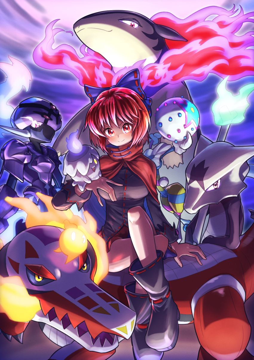 1girl 6+others blacephalon ceruledge crossover fumirumochigashin gen_1_pokemon gen_2_pokemon gen_5_pokemon gen_7_pokemon highres litwick marowak multiple_others nintendo pokemon sekibanki skeledirge touhou typhlosion ultra_beast