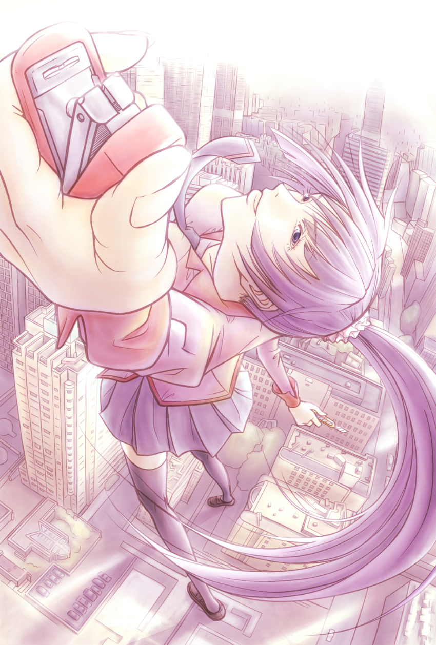 1girl akkey_09 bakemonogatari black_shoes black_thighhighs blouse blue_eyes boxcutter building city female_focus foreshortening from_above giant giantess highres long_hair monogatari_(series) necktie pink_shirt ponytail purple_hair school_uniform senjougahara_hitagi shirt shoes solo stapler thighhighs zettai_ryouiki