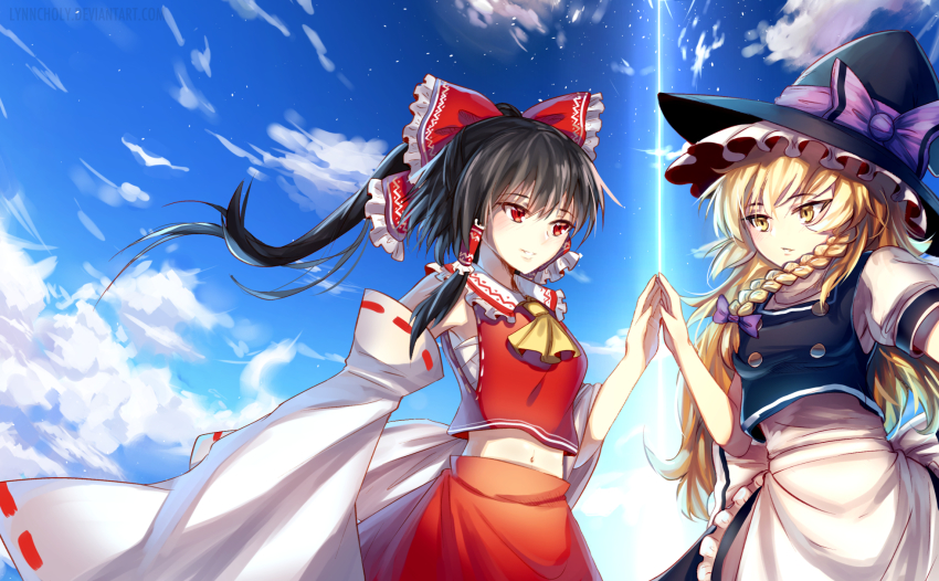 2girls apron ascot beam black_hair black_hat black_skirt blonde_hair blue_sky bow braid buttons cloud commentary day detached_sleeves hair_bow hair_tubes hakurei_reimu hat hat_bow highres holding_hands kirisame_marisa long_hair md5_mismatch meilynn-hayakan midriff multiple_girls navel outdoors purple_bow red_bow red_eyes red_skirt resolution_mismatch ribbon-trimmed_sleeves ribbon_trim sarashi side_braid skirt sky sleeves_past_wrists smile source_smaller touhou waist_apron watermark witch_hat yellow_ascot yellow_eyes
