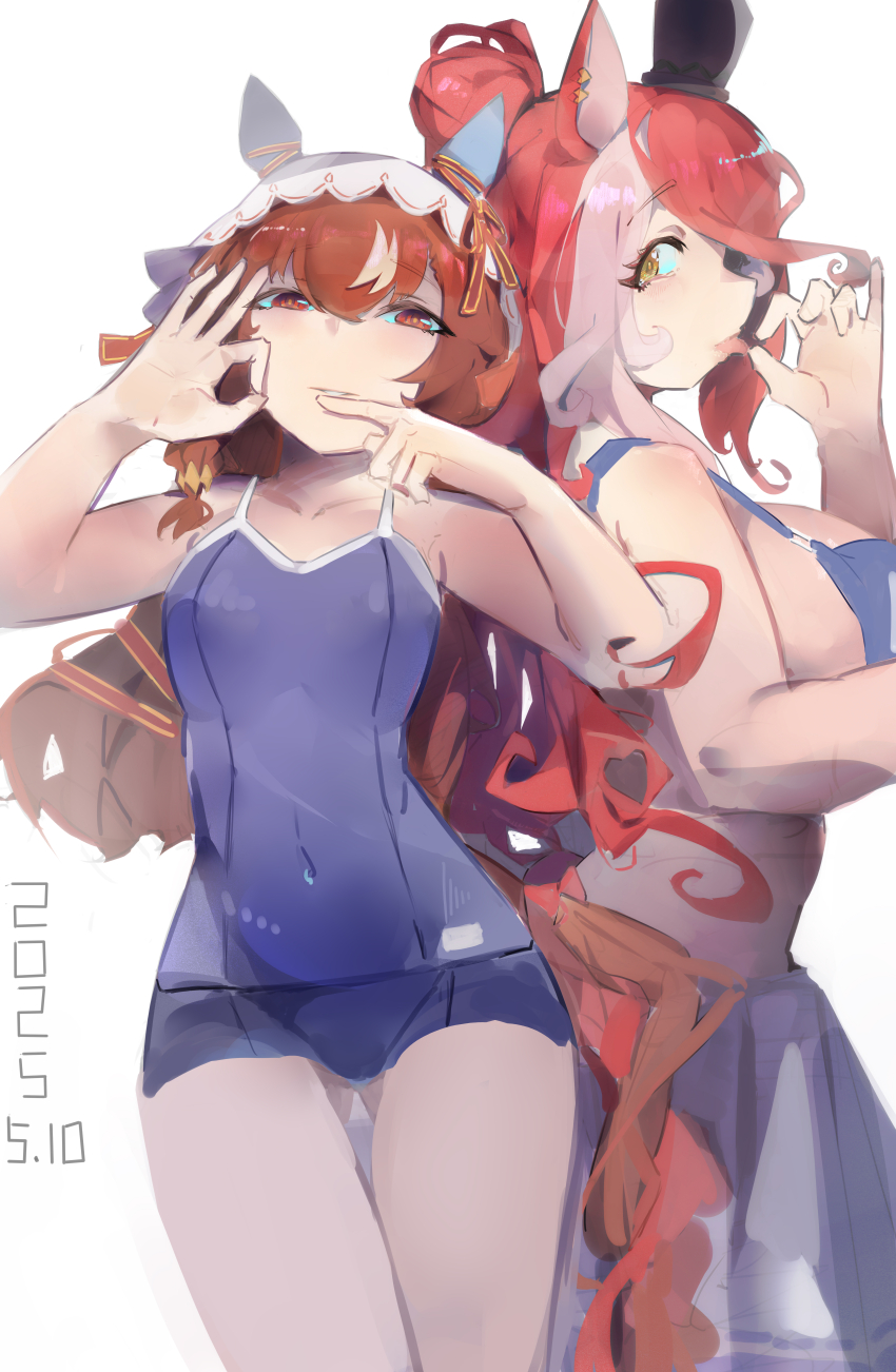 1girl absurdres alternate_costume animal_ears breasts brown_hair collarbone commentary_request dated fellatio_gesture hair_between_eyes hair_ornament highres horse_ears horse_girl horse_tail large_breasts looking_at_viewer loves_only_you_(umamusume) penetration_gesture red_hair school_swimsuit still_in_love_(umamusume) swimsuit tail tongue tongue_out umamusume veil white_background wista
