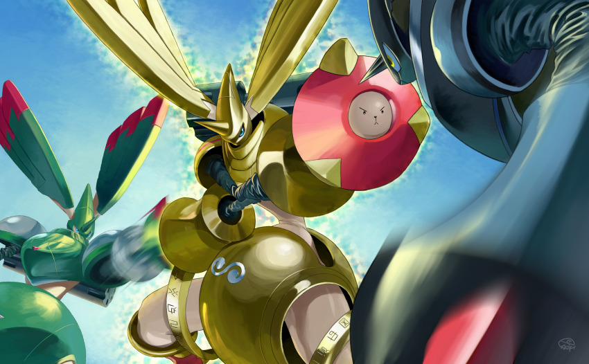 absurdres blue_eyes cannon crests_(digimon) digimon digimon_(creature) highres horns looking_at_another rapidmon_(armor) rapidmon_(perfect) rapidmon_x-antibody