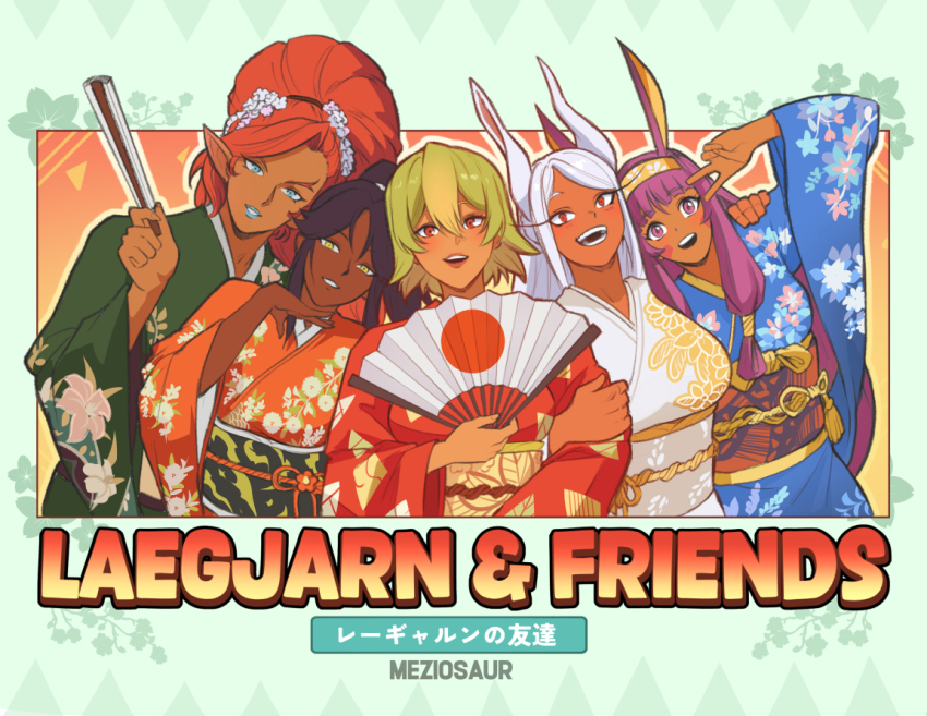 5girls :d alternate_costume animal_ears artist_name big_hair bleach blonde_hair blue_eyes blue_kimono blue_lips breasts character_name commentary crossover dark-skinned_female dark_skin english_commentary english_text facepaint facial_mark fate/grand_order fate_(series) female_focus fire_emblem fire_emblem_heroes flag_print floral_background floral_print floral_print_kimono flower folding_fan gerudo green_background green_hair green_kimono hair_between_eyes hair_flower hair_ornament hairband hand_fan hand_on_another&#039;s_shoulder hand_up holding holding_another&#039;s_arm holding_fan jackal_ears japanese_clothes japanese_flag japanese_flag_print kimono laegjarn_(fire_emblem) large_breasts long_eyelashes long_hair looking_at_viewer low-tied_long_hair medium_breasts meziosaur mirko multicolored_hair multiple_girls nintendo nitocris_(fate) open_mouth orange_hair orange_kimono parted_bangs parted_lips pointy_ears ponytail print_folding_fan print_kimono print_sash purple_eyes purple_hair rabbit_ears rabbit_girl red_eyes red_hair red_kimono sash shihouin_yoruichi short_hair skin_color_connection smile the_legend_of_zelda the_legend_of_zelda:_breath_of_the_wild trait_connection urbosa v v_over_eye very_long_hair white_hair white_kimono yellow_eyes