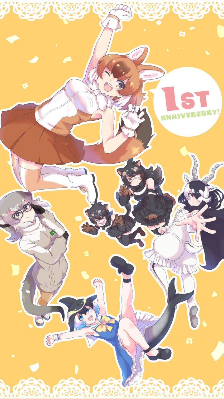 6+girls animal_ears antelope_ears antelope_horns australian_devil_(kemono_friends) bare_shoulders batten_japari_dan black_hair blackbuck_(kemono_friends) blowhole blush bow brown_hair cape cetacean_tail common_dolphin_(kemono_friends) dhole_(kemono_friends) dog_ears dog_girl dog_tail dolphin_girl dorsal_fin extra_ears eyepatch fins fish_tail gloves hair_over_one_eye highres horn_lance horns johnny_(tattva_isekai-dou) kemono_friends kemono_friends_3 long_hair long_sleeves looking_at_viewer medical_eyepatch meerkat_(kemono_friends) meerkat_ears meerkat_tail multicolored_hair multiple_girls open_mouth red_eyes shirt short_hair skirt sleeveless smile tail tasmanian_devil_(kemono_friends) tasmanian_devil_ears tasmanian_devil_tail two-tone_hair two-tone_shirt two-tone_sweater white_hair