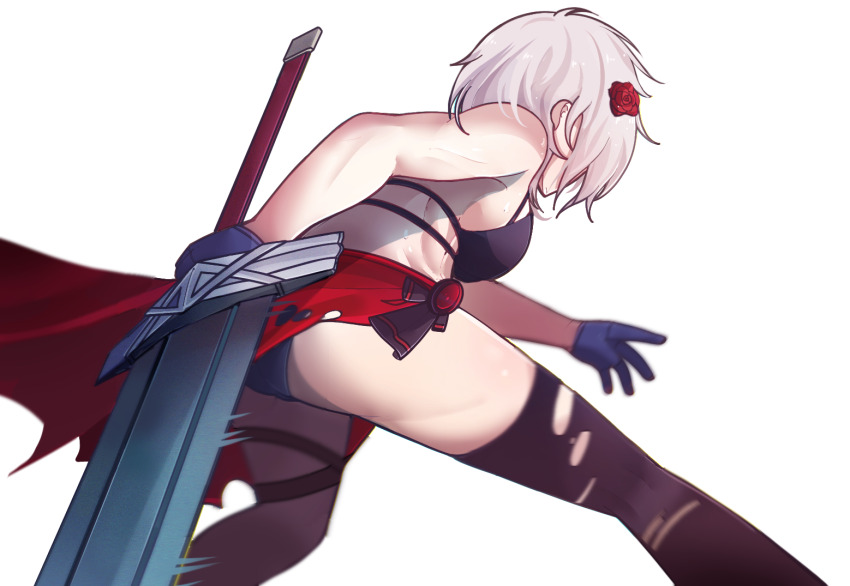 1girl abs aizeis alternate_costume ass asymmetrical_legwear bare_arms bare_legs bare_shoulders bikini breasts chrono_ark fighting_stance gloves hair_ornament holding holding_sword holding_weapon lian_(chrono_ark) medium_breasts medium_hair nail_polish non-web_source sandals swimsuit sword thighhighs transparent_background weapon white_hair