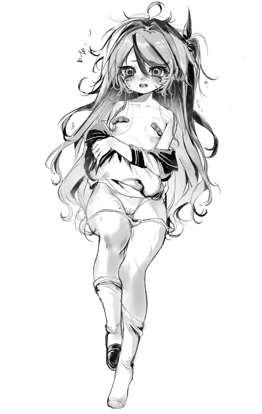 1girl absurdres ahoge bandaid bandaids_on_nipples bite_mark bite_mark_on_breast blush bow bow_panties breasts chinese_commentary commentary_request crossed_arms crying crying_with_eyes_open full_body genderswap genderswap_(mtf) grey_hair hair_between_eyes highres long_hair long_sleeves lying multicolored_hair on_back one_side_up open_mouth panties panty_pull pasties pussy pussy_juice shoes simple_background single_shoe small_breasts socks solo streaked_hair sumino_takumi tears teeth the_hundred_line_-last_defense_academy- two-tone_hair underwear upper_teeth_only very_long_hair white_background yanrenxi20831