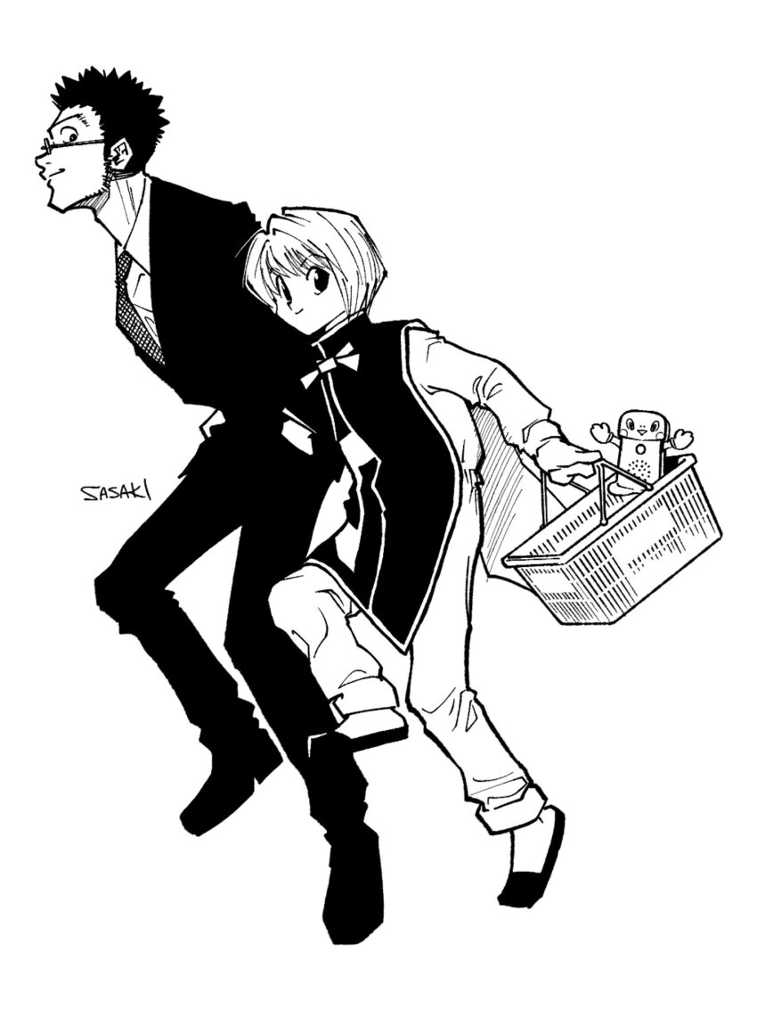 2boys basket black_shoes black_suit formal_clothes full_body greyscale highres holding holding_basket hunter_x_hunter kurapika leorio_paladiknight long_sleeves looking_at_viewer male_focus monochrome multiple_boys necktie round_eyewear sasaki_koguma shoes short_hair simple_background smile spiked_hair standing suit tabard white_background