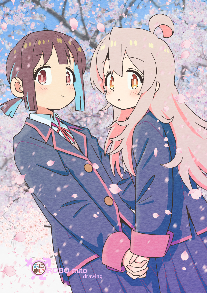 2girls absurdres ahoge artist_name black_jacket black_skirt blue_hair brown_eyes brown_hair buttons cherry_blossoms commentary day falling_petals highres holding_hands hozuki_momiji interlocked_fingers jacket light_blush long_hair long_sleeves looking_at_viewer male-female_symbol multicolored_hair multiple_girls neck_ribbon onii-chan_wa_oshimai! outdoors oyama_mahiro petals pink_hair ponytail red_ribbon ribbon robomito school_uniform shirt short_hair short_ponytail skirt smile tree two-tone_hair white_shirt wing_collar yuri