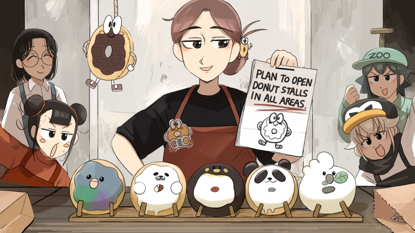 5girls :d :o absurdres animal-themed_food aqua_hat aqua_shirt bag bird black_hair black_overalls black_scarf black_shirt blush_stickers brown_eyes brown_hair commentary diva_(hyxpk) donut donut_hair_ornament donut_stamp double_bun duck english_commentary food food-themed_hair_ornament glasses grey_overalls hair_bun hair_ornament hat highres hungry_nun&#039;s_mother_(diva) multiple_girls open_mouth overalls paper_bag parrot_keeper_(diva) penguin_hat penguin_keeper_(diva) red_overalls red_shirt round_eyewear scarf shirt slice_of_life smile urban_area_keeper_(diva) white_shirt younger_panda_keeper_(diva) zoo zookeeper zookeepers_(diva)