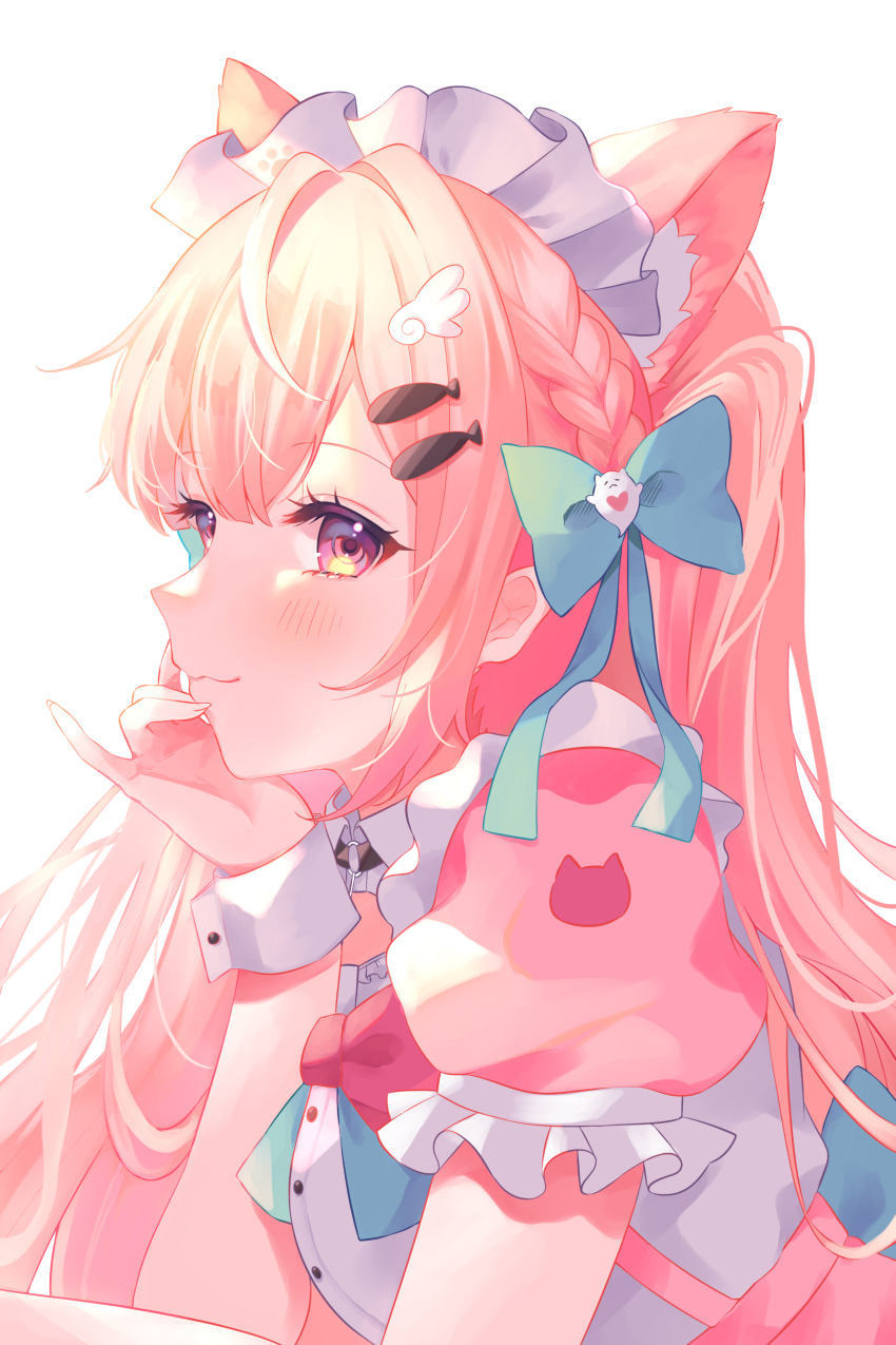 1girl :3 absurdres ahoge animal_ears animal_print black_choker blush bow braid breasts cat_choker cat_ears cat_girl cat_print choker closed_mouth collared_dress commentary dress extra_ears fish_hair_ornament from_side ghost_hair_ornament hair_bow hair_ornament hairclip highres indie_virtual_youtuber long_hair maid maid_headdress o-ring o-ring_choker paw_print pink_bow pink_dress pink_eyes pink_hair short_sleeves simple_background smile solo virtual_youtuber white_background white_wrist_cuffs wing_hair_ornament wrist_cuffs y_w_uuu yuuki_sakuna yuuki_sakuna_(1st_costume)