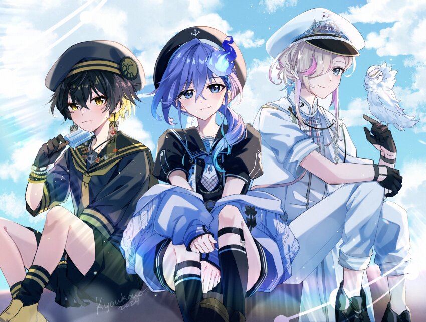 3boys aqua_hair arm_between_legs bird bishounen black_gloves black_hair black_shirt black_socks blonde_hair blue_eyes blue_sky cloud commentary crossed_bangs earrings food gloves hair_between_eyes hair_over_one_eye hat highres hitodama holding holding_food holding_popsicle holostars jacket jewelry kneehighs kyoukouo legwear_garter long_hair looking_at_viewer male_focus medium_hair minase_rio minase_rio_(2nd_costume) multicolored_hair multiple_boys pigeon pink_hair popsicle purple_hair shirt short_hair side_part sky smile socks solo streaked_hair two-tone_hair uproar_(holostars) utsugi_uyu utsugi_uyu_(2nd_costume) virtual_youtuber yatogami_fuma yatogami_fuma_(2nd_costume) yellow_eyes