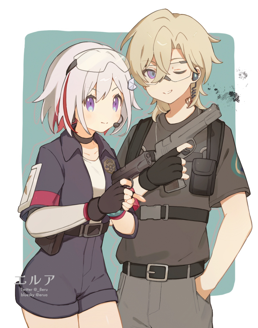 1boy 1girl aqua_background artist_name aventurine_(bullseye)_(honkai:_star_rail) aventurine_(honkai:_star_rail) belt belt_buckle belt_pouch black_belt black_choker black_gloves black_shirt black_shorts blonde_hair blue_eyes bluesky_username blush border buckle chest_harness choker closed_mouth collarbone collared_shirt commentary_request cowboy_shot crossed_bangs erua_(_8eru) eyewear_on_head finger_on_trigger fingerless_gloves gloves grey_pants grey_shirt gun hair_between_eyes hair_ornament hand_in_pocket hand_up handgun hands_up harness high-waist_shorts highres holding holding_gun holding_weapon honkai:_star_rail honkai_(series) jewelry looking_at_viewer microphone multicolored_eyes multicolored_hair neck_tattoo necklace official_alternate_costume one_eye_closed open_clothes open_shirt outside_border pants parted_bangs parted_lips pouch purple_eyes red_hair safety_glasses shirt shirt_tucked_in short_hair short_shorts short_sleeves shorts sidelocks single_glove smile standing streaked_hair t-shirt tattoo topaz_(bullseye)_(honkai:_star_rail) topaz_(honkai:_star_rail) twitter_username watermark weapon white_border white_hair white_shirt