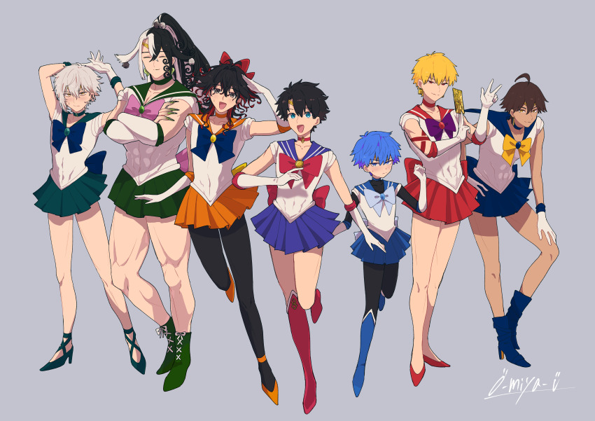 6+boys abs absurdres ahoge alternate_costume ashiya_douman_(fate) asymmetrical_hair black_eyes black_hair blonde_hair blue_eyes blue_hair boots brooch brown_hair choker colored_inner_hair covered_abs crossdressing curly_hair dante_alighieri_(fate) dark-skinned_male dark_skin earrings fate/grand_order fate_(series) fingernails fujimaru_ritsuka_(male) gilgamesh_(fate) gloves green_nails grey_hair hans_christian_andersen_(fate) highres jewelry kadoc_zemlupus long_hair looking_at_viewer magatama magatama_earrings magical_girl male_focus multicolored_hair multiple_boys o-miya_(ohmiya_you) open_mouth ozymandias_(fate) red_eyes red_hair sharp_fingernails short_hair skirt split-color_hair toned toned_male two-tone_hair very_long_hair white_gloves white_hair yellow_eyes