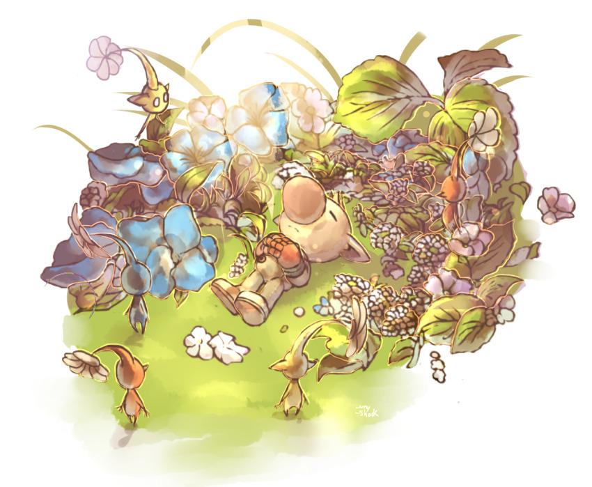 1boy alien blue_pikmin brown_hair buttons closed_eyes commentary dappled_sunlight death english_commentary flower frown funeral gloves hands_on_own_chest leaf looking_at_another lying no_headwear no_pupils olimar pikmin_(creature) pikmin_(series) pointy_ears pointy_nose red_gloves red_pikmin sony-shock spacesuit sunlight tiny white_flower yellow_pikmin