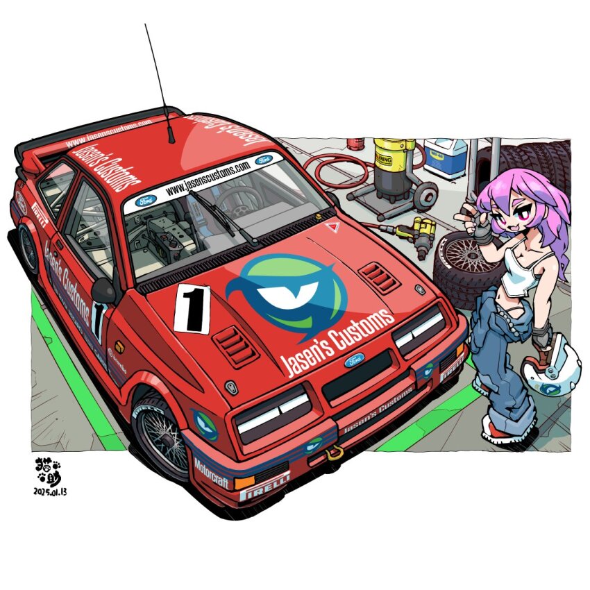 1girl blue_jumpsuit breasts bright_pupils cable camisole car commentary commission cooler english_commentary fingerless_gloves ford_sierra gloves grey_gloves jumpsuit jumpsuit_around_waist logo long_hair looking_at_viewer midriff motor_vehicle navel necosuke original purple_hair race_vehicle racecar radio_antenna rally_car red_car small_breasts smile spoiler_(automobile) unused_tire v vehicle_focus vgen_commission watermark web_address wheel white_camisole white_pupils