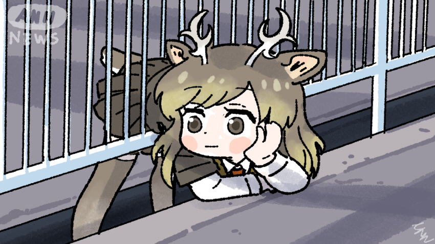 1girl :| animal_ears antlers ap_dul bad_id bad_twitter_id bent_over blush brown_eyes brown_shirt brown_skirt brown_thighhighs chibi closed_mouth commentary_request concrete day deer_ears deer_girl deer_tail elbow_rest fence hand_on_own_cheek hand_on_own_face hands_up horns kemono_friends korean_commentary layered_sleeves legs_apart long_hair long_sleeves looking_away looking_to_the_side miniskirt necktie outdoors personification photo-referenced pleated_skirt red_necktie shirt short_sleeves skirt solo standing stuck tail thighhighs white_sleeves yezo_sika_deer_(kemono_friends) zettai_ryouiki